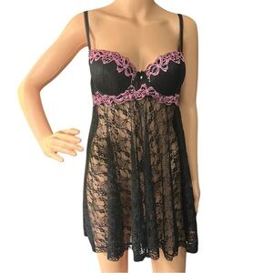 VTG Y2K Boudoir Collection Black Lace Lingerie Babydoll Chemise ~ Sz L ~ NWOT